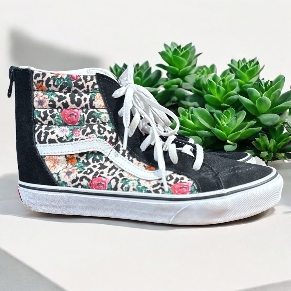 Vans Sk8-Hi Women’s 6 High Top Sneakers Floral Leopard Print Black White Shoes